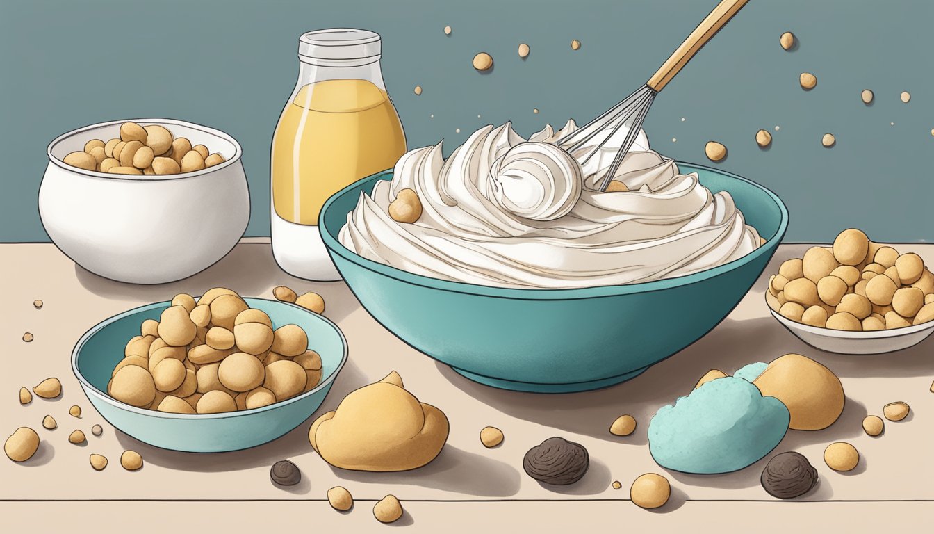 A bowl of aquafaba being whipped into stiff peaks, surrounded by ingredients for chickpea meringue cookies