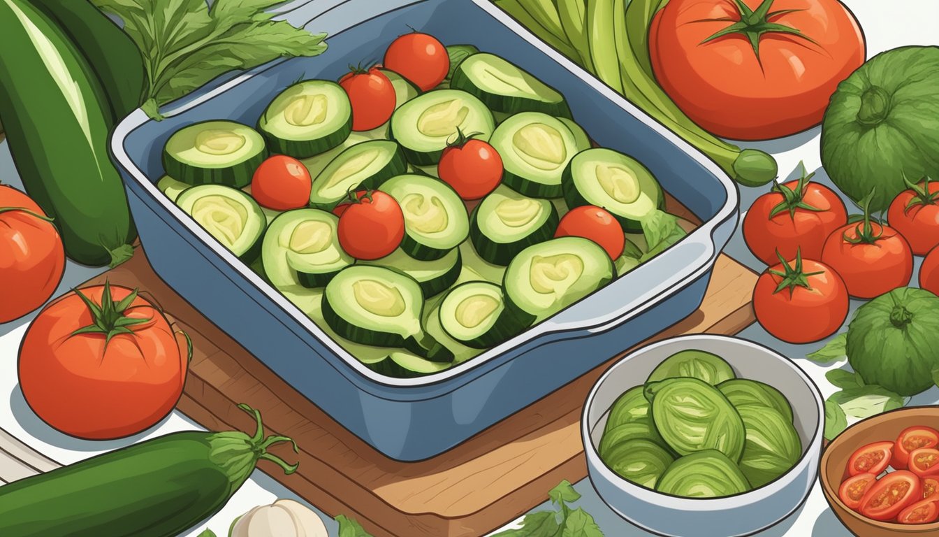 Fresh zucchinis and ripe tomatoes arranged in a baking dish, surrounded by ingredients for a healthy casserole