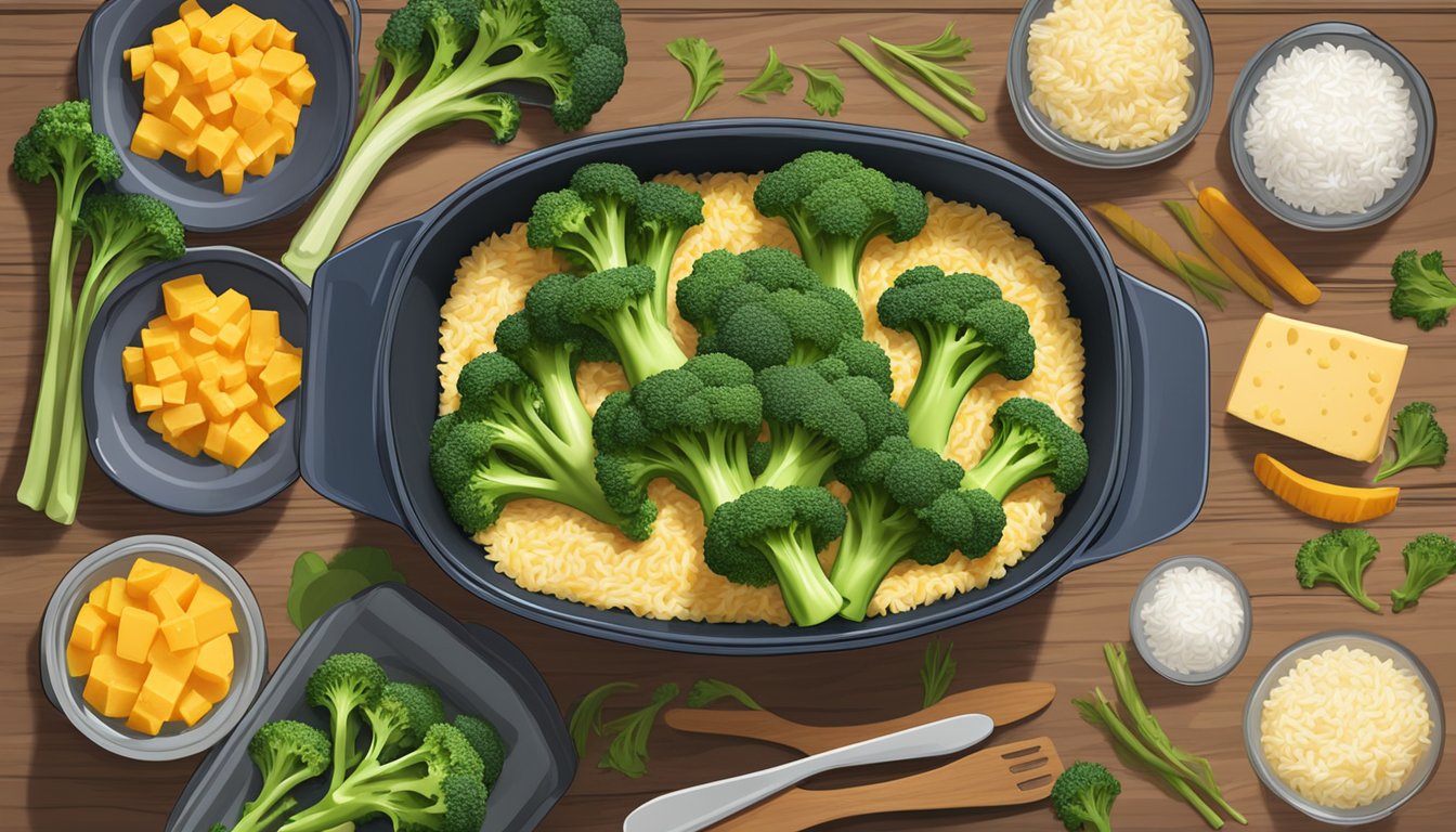 A steaming casserole dish filled with broccoli, cheddar, and rice sits on a wooden table, surrounded by fresh ingredients and meal prep containers