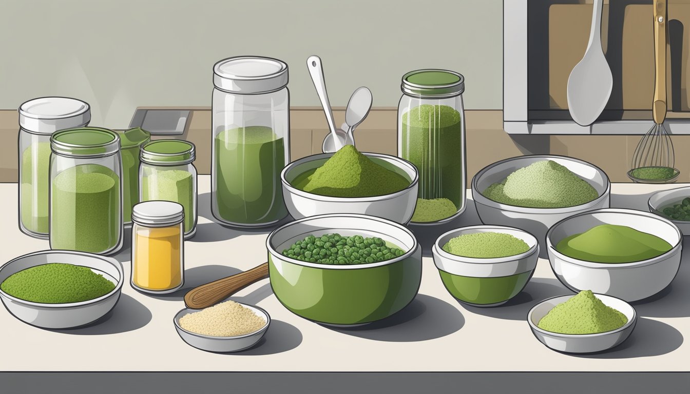 A kitchen counter with various ingredients and utensils, including matcha powder, surrounded by five prepared meal containers