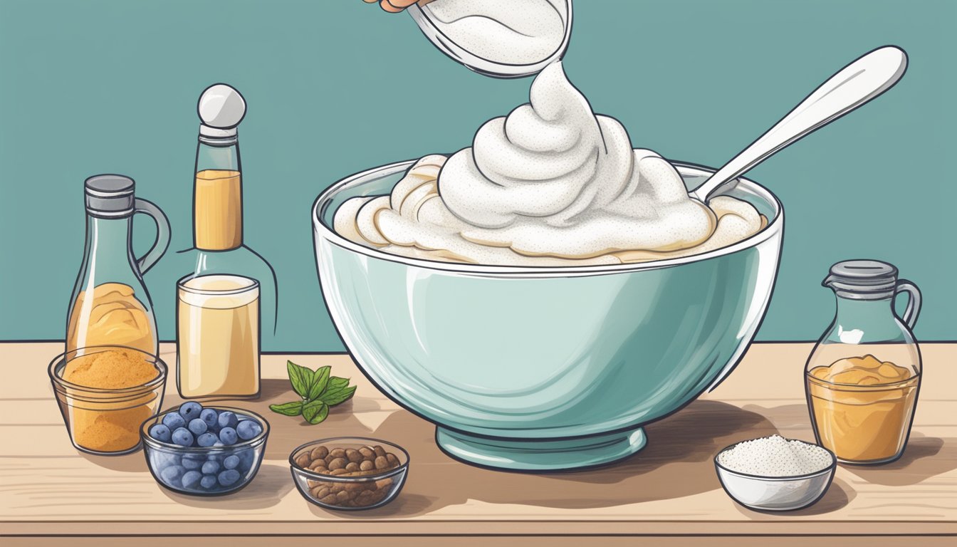 A bowl of aquafaba being whipped into a fluffy white foam, alongside various ingredients for meal prep recipes