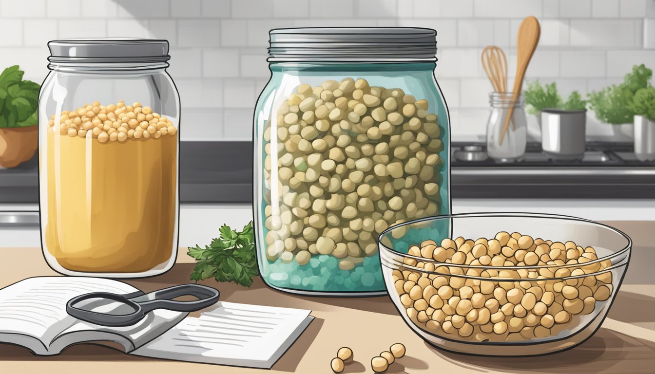 A glass jar filled with aquafaba sits on a kitchen counter, next to a bowl of chickpeas and a whisk. A recipe book is open to a page with 5 meal prep ideas