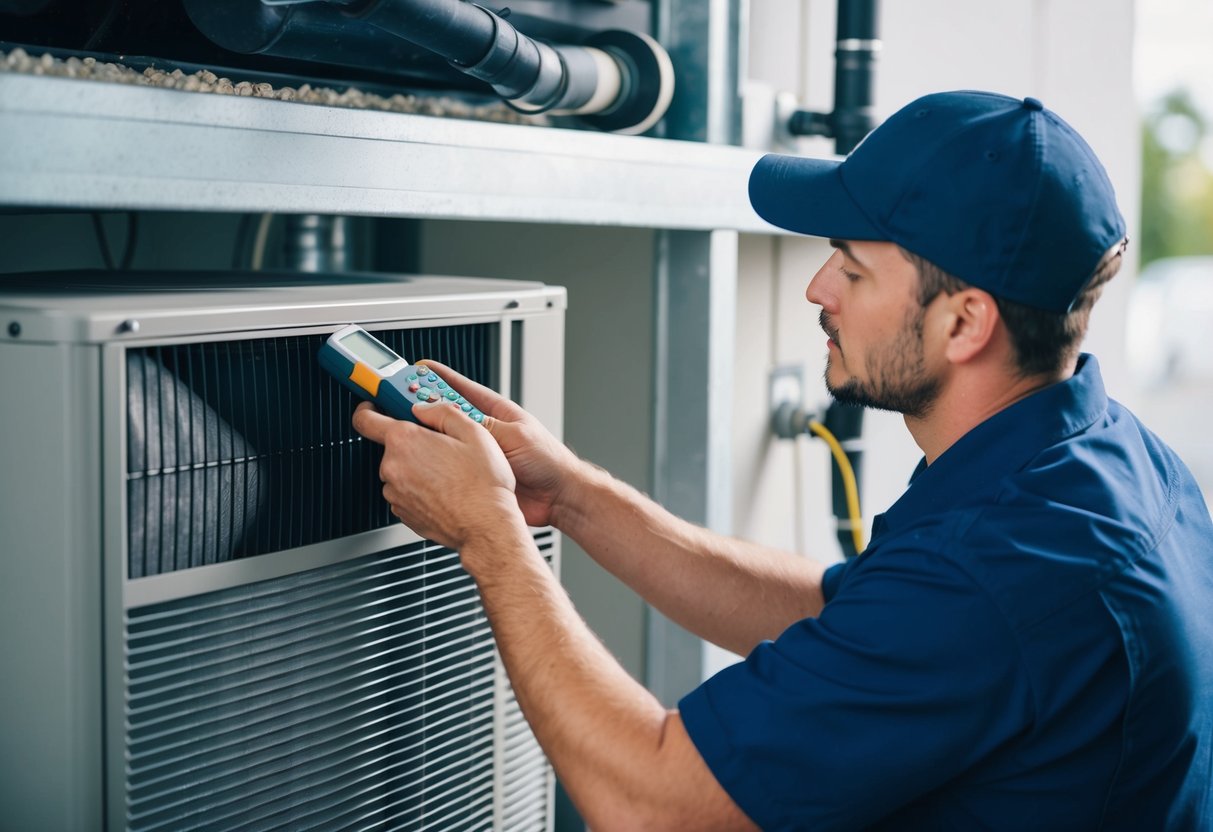 A technician performing routine maintenance on an HVAC system, checking filters, cleaning coils, and ensuring optimal performance