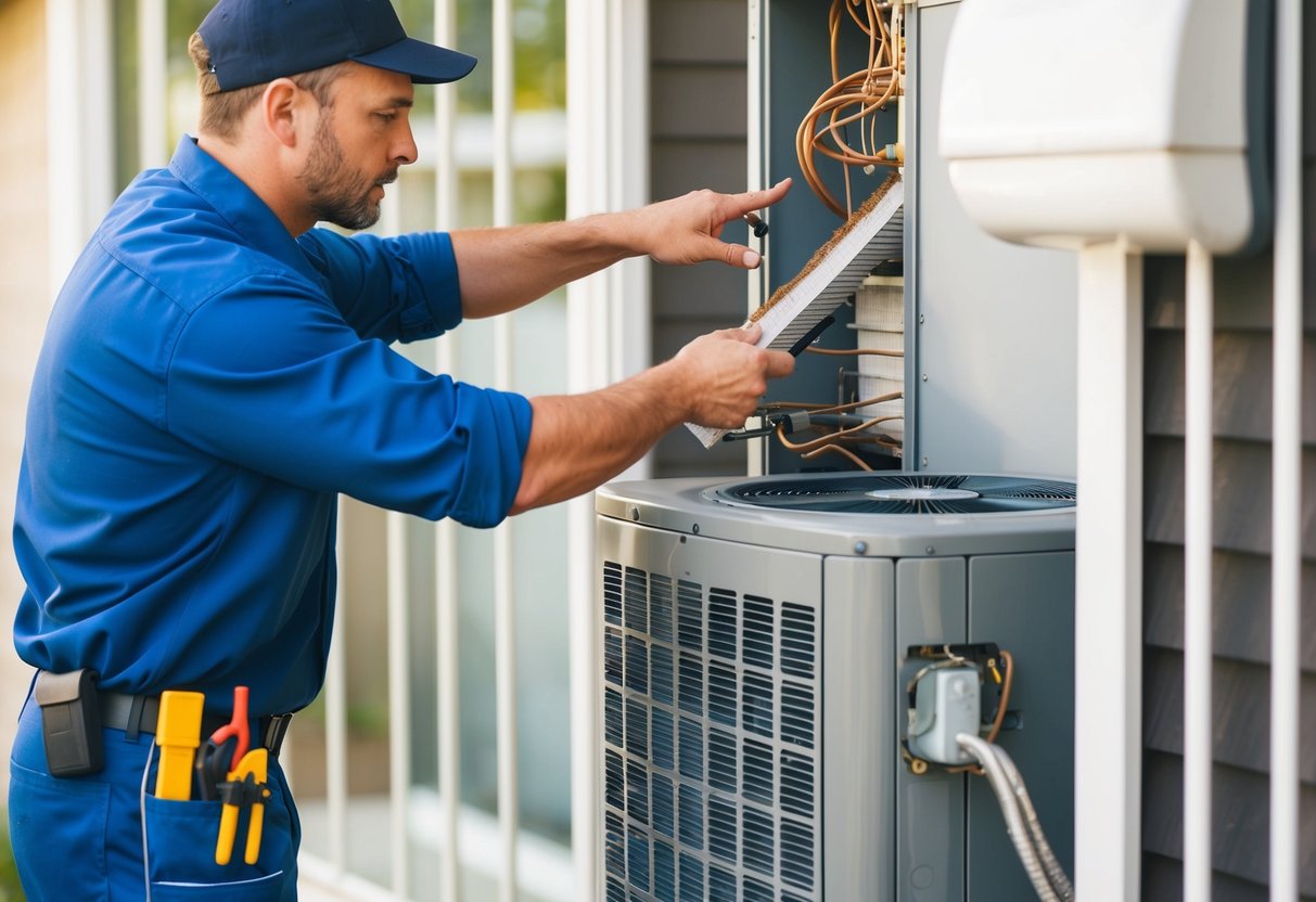 An HVAC technician performing routine maintenance on a residential heating and cooling system, checking filters, cleaning coils, and inspecting for any potential issues