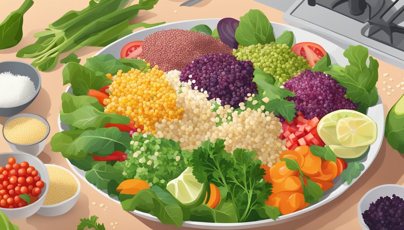 A colorful quinoa salad being prepared with coconut oil and various vegetables in a modern kitchen