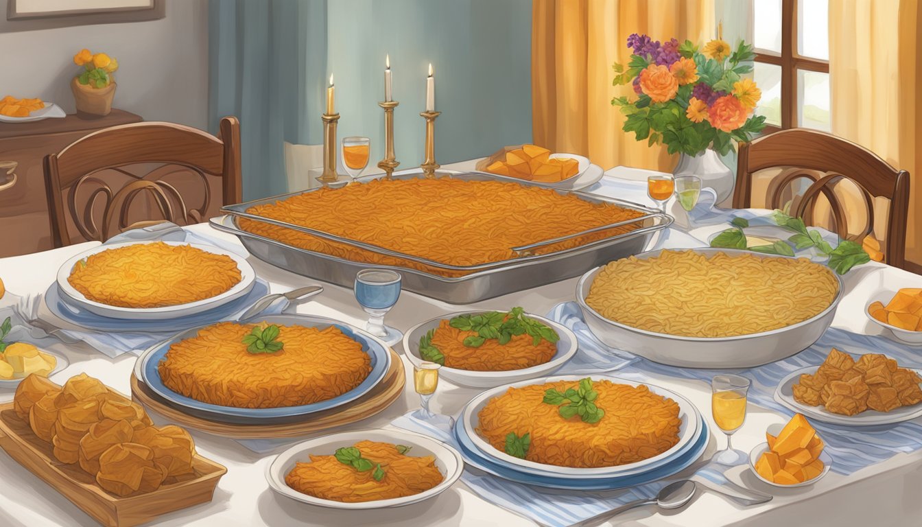 A table set with 10 individual portions of sweet potato kugel, surrounded by colorful Passover-themed decorations