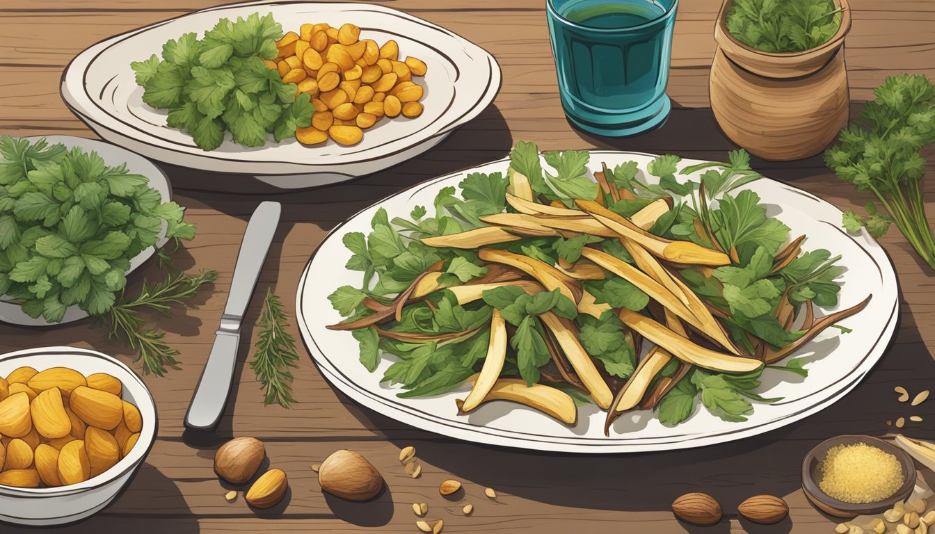 A rustic wooden table with a colorful array of roasted parsnip salad ingredients, including fresh herbs, nuts, and a tangy vinaigrette