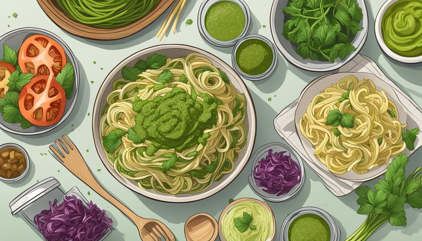 A bowl of parsnip noodles topped with vibrant green pesto sits on a wooden table surrounded by fresh ingredients and meal prep containers