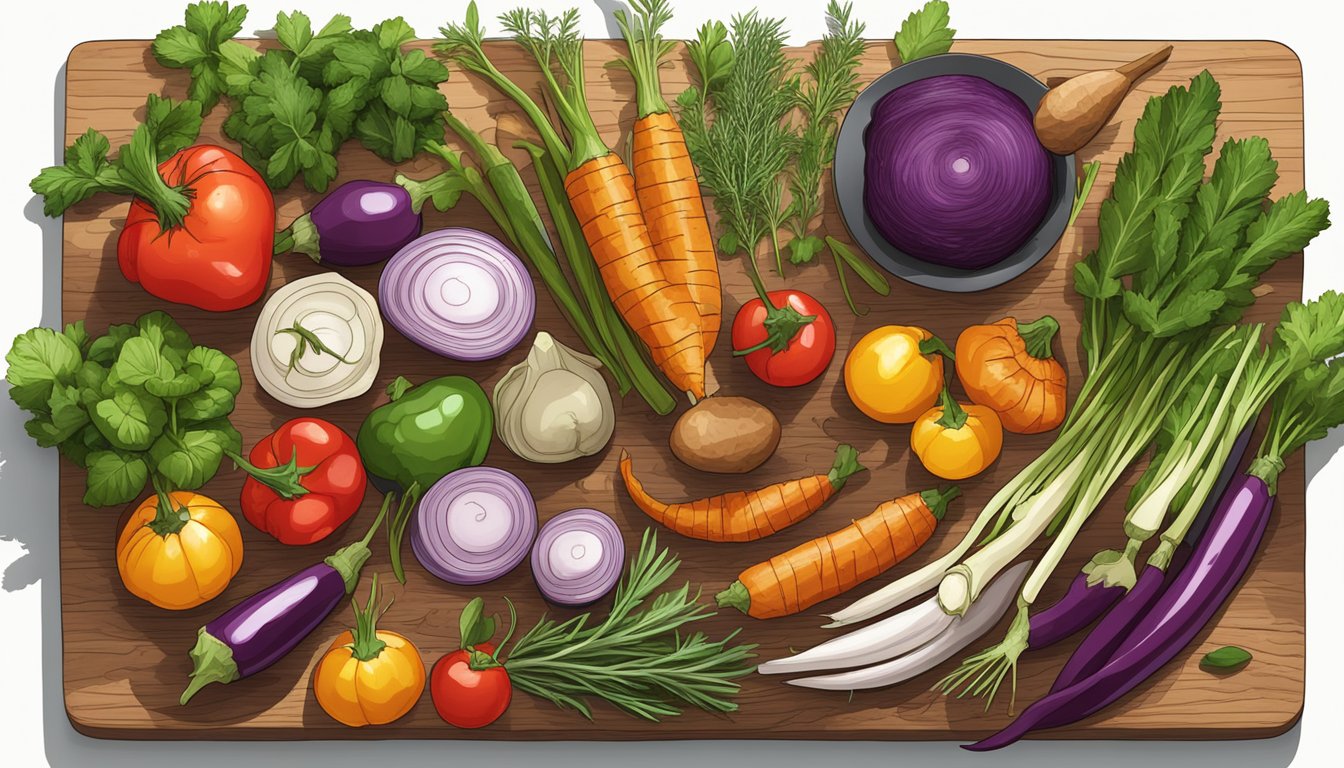 A colorful array of roasted vegetables arranged on a wooden cutting board, surrounded by fresh herbs and spices