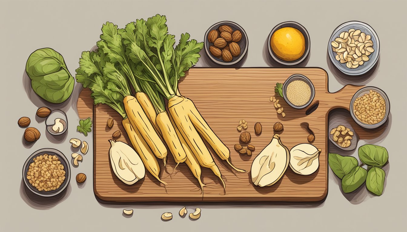 A wooden cutting board with parsnips, walnuts, and various ingredients arranged for meal prep