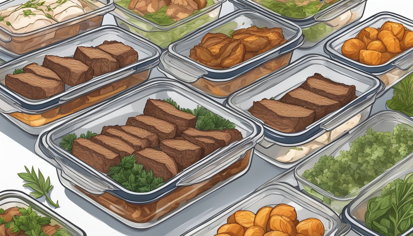 A table set with 10 neatly arranged meal prep containers, each filled with savory beef brisket and herbs, ready for Passover