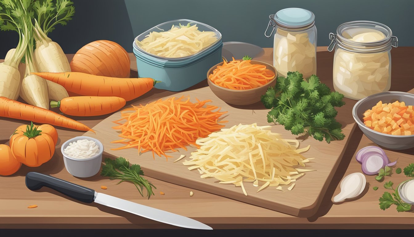 A colorful pile of parsnips and carrots being sliced and shredded on a cutting board, surrounded by various ingredients and meal prep containers