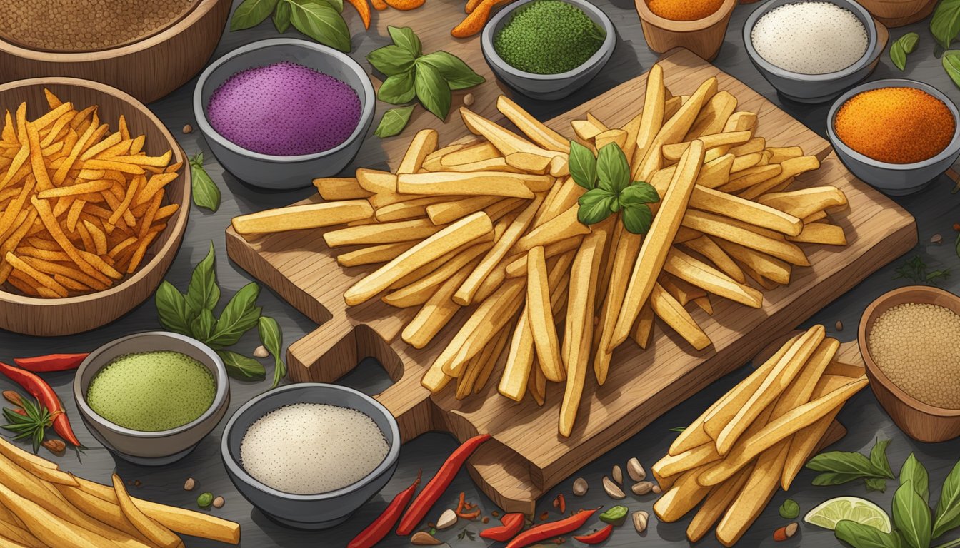 A colorful array of jicama fries arranged on a wooden cutting board, surrounded by vibrant spices and herbs