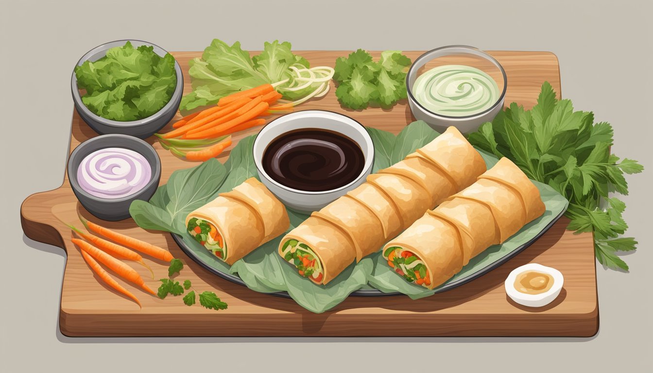 A colorful array of jicama spring rolls arranged on a wooden cutting board, surrounded by fresh herbs, vegetables, and dipping sauces