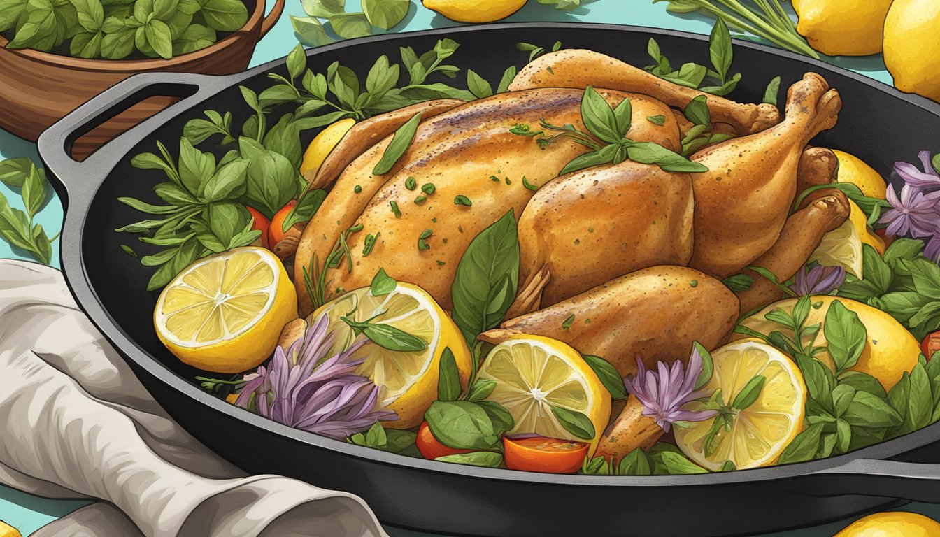 A colorful array of fresh herbs and vibrant lemon slices surround a sizzling skillet of golden-brown chicken