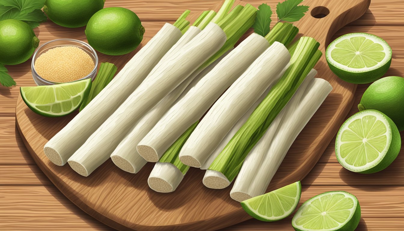 Fresh jicama sticks with lime and chili seasoning arranged on a wooden cutting board