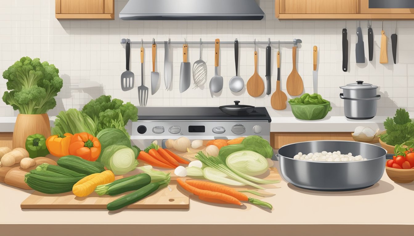 A kitchen counter with various ingredients and utensils for meal prep, including jicama, cutting boards, knives, and other vegetables