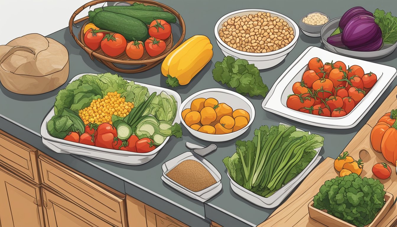 A kitchen counter with a variety of fresh vegetables, lean proteins, and whole grains laid out for meal prepping. Cutting boards, knives, and skillets are ready for use