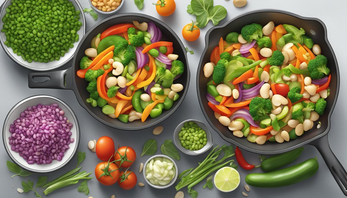 A colorful stir-fry sizzling in a pan, filled with lima beans and a variety of fresh vegetables, ready for meal prep