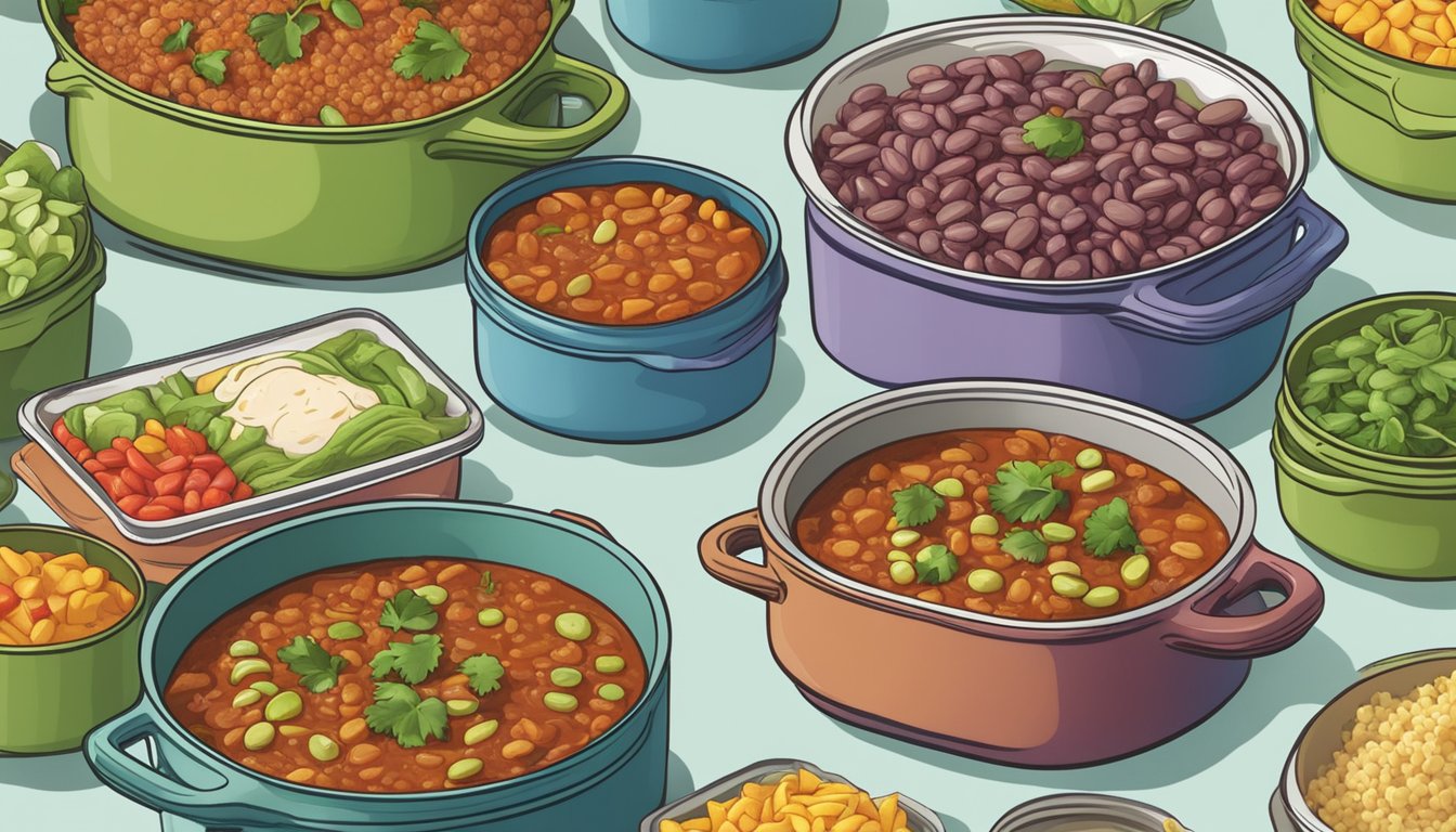 A steaming pot of lima bean and turkey chili surrounded by colorful meal prep containers