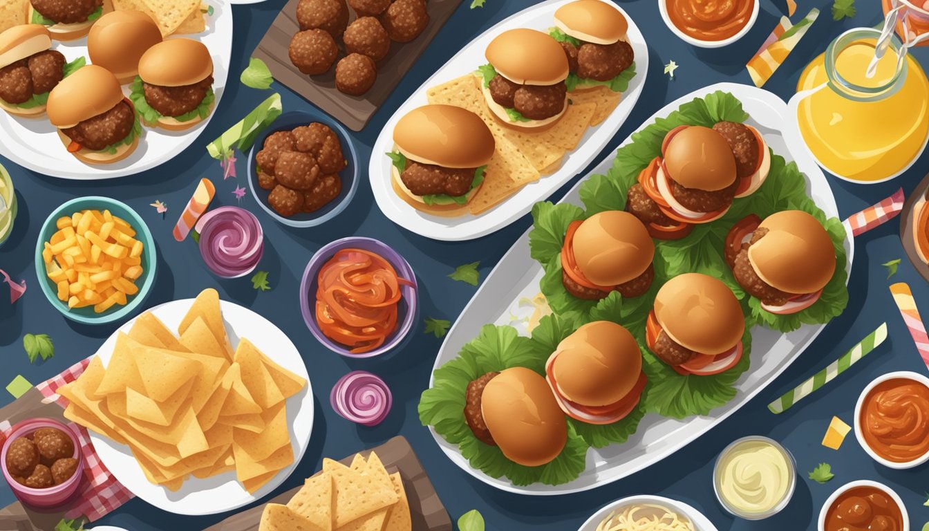 A platter of BBQ meatball sliders surrounded by party decorations and other meal prep ideas for a graduation party