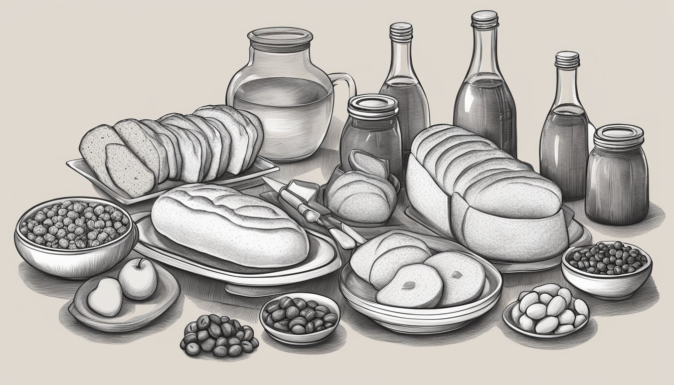 A table set with ten different meal prep ideas for Rosh Hashanah, including a loaf of challah bread studded with raisins, ready to be illustrated