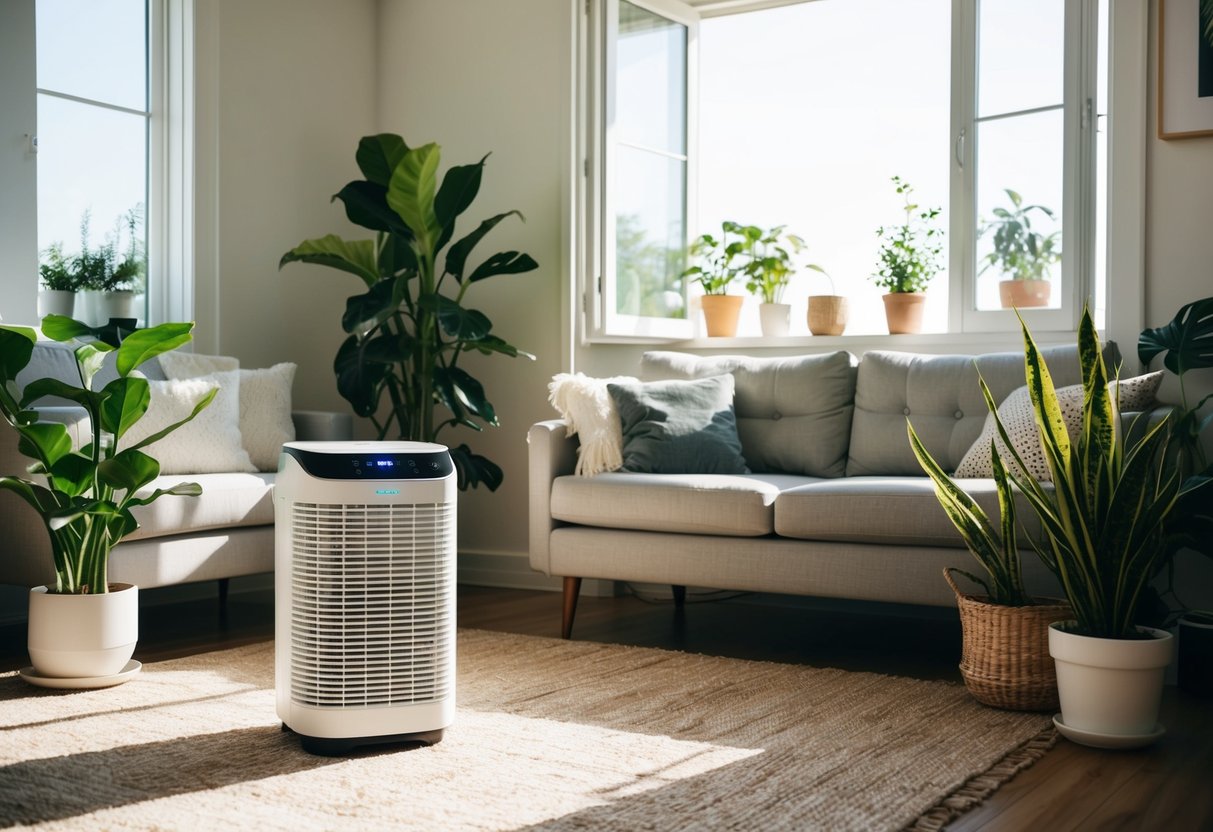 A cozy living room with plants, open windows, and a high-quality air purifier. Sunlight streams in, creating a bright and clean atmosphere