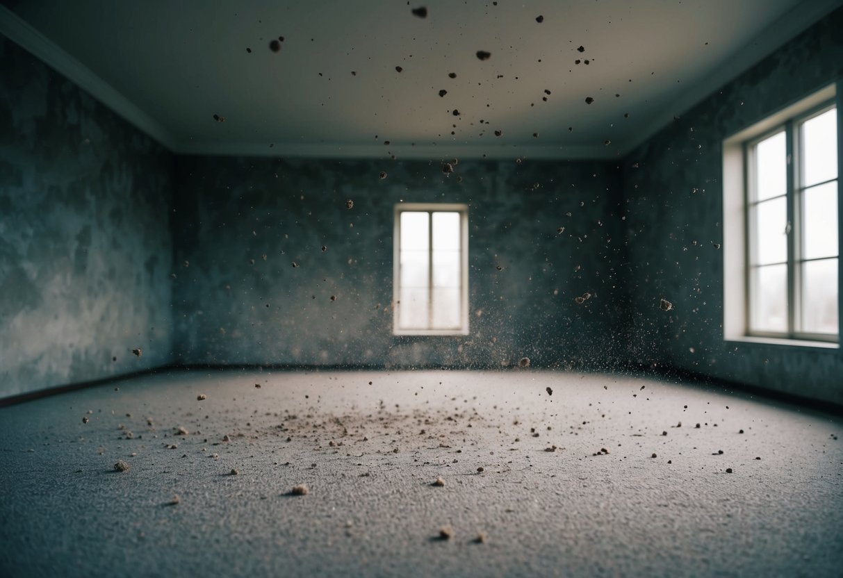 A dimly lit room with dust particles floating in the air, surrounded by moldy walls and a lack of ventilation