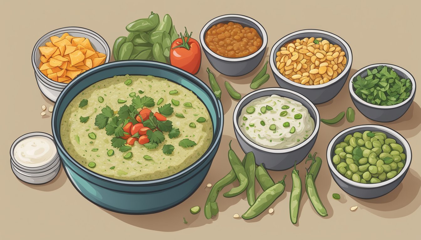 A bowl of spicy lima bean dip surrounded by ingredients and meal prep containers