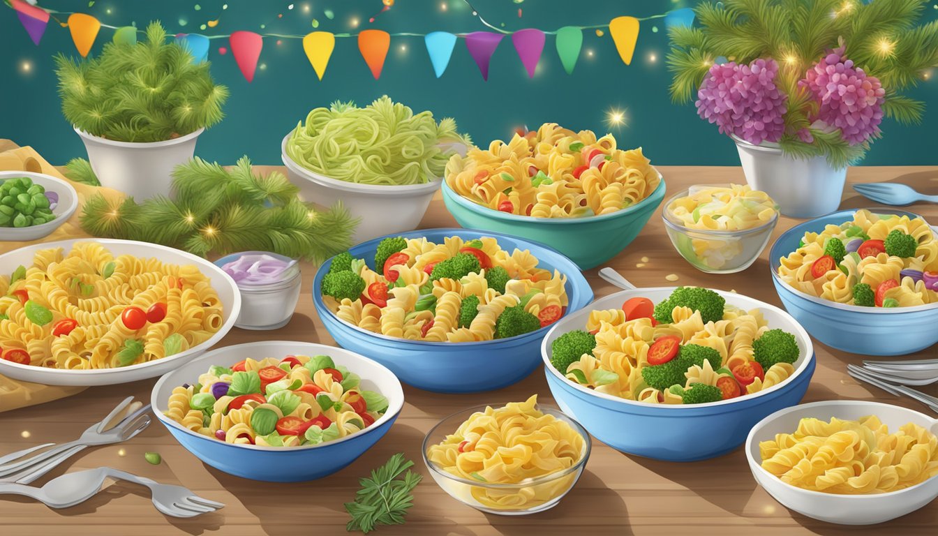 A colorful array of pasta salad cups arranged on a table, surrounded by festive decorations and serving utensils