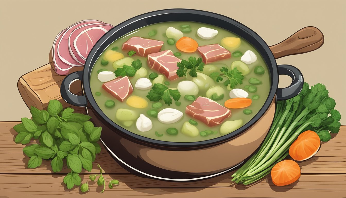 A steaming pot of lima bean and ham hock soup surrounded by fresh vegetables and herbs on a rustic wooden table