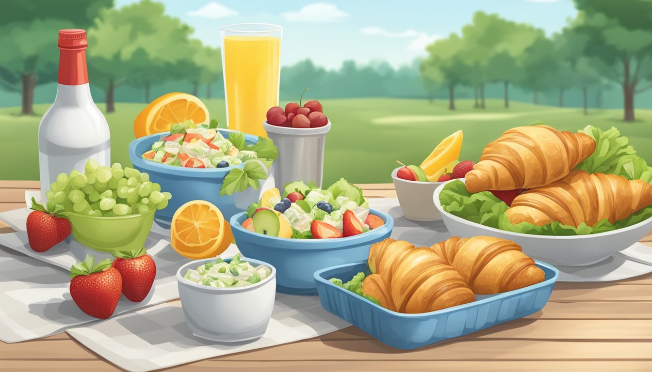 A picnic table set with chicken salad croissants, fruit, and drinks for a graduation party meal prep