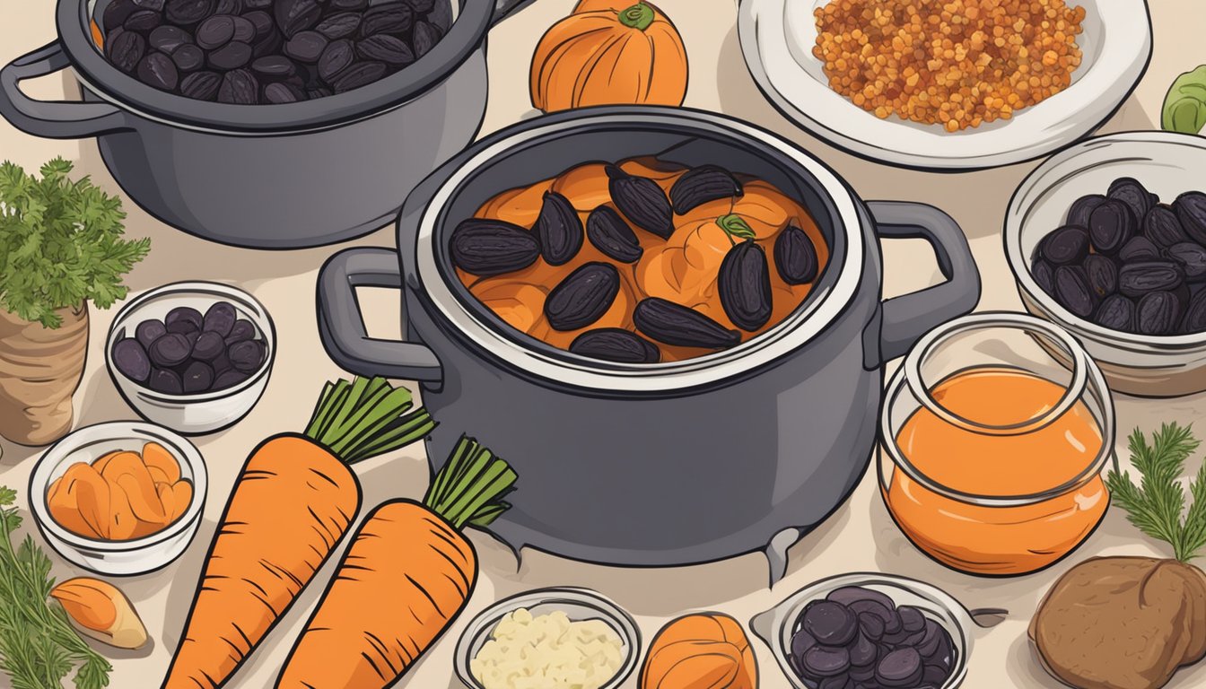 A pot of carrot tzimmes with prunes simmering on a stovetop, surrounded by various meal prep ingredients for Rosh Hashanah