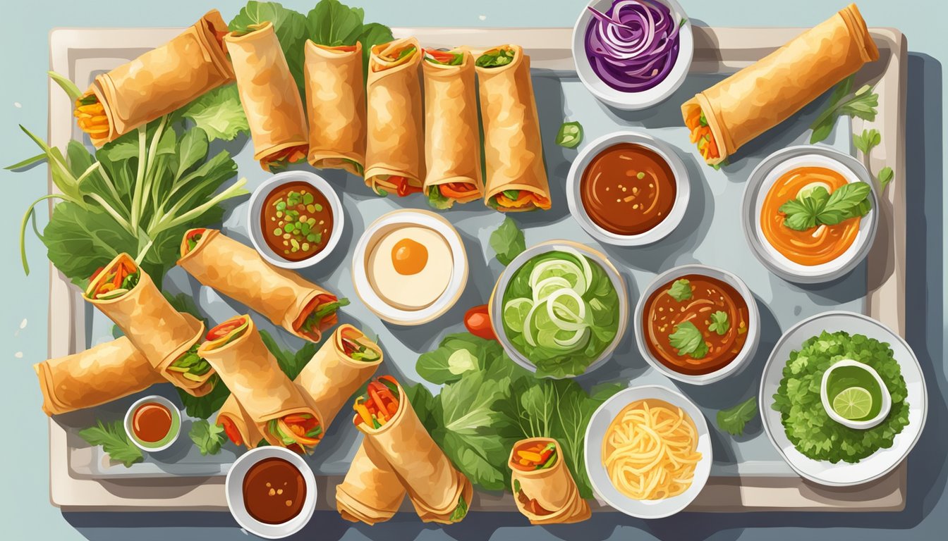 A colorful array of veggie spring rolls arranged on a platter surrounded by vibrant garnishes and dipping sauces