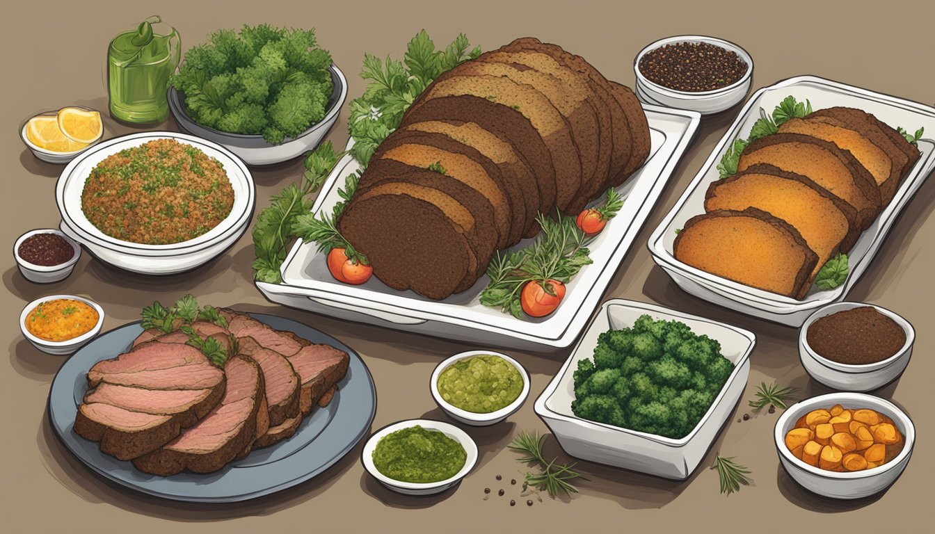 A table set with 10 herb-crusted briskets, each portioned and arranged with different sides and garnishes for Rosh Hashanah meal prep