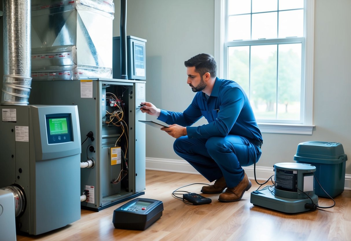 A technician inspecting an HVAC system in a well-lit Atlanta home, surrounded by air quality monitoring equipment