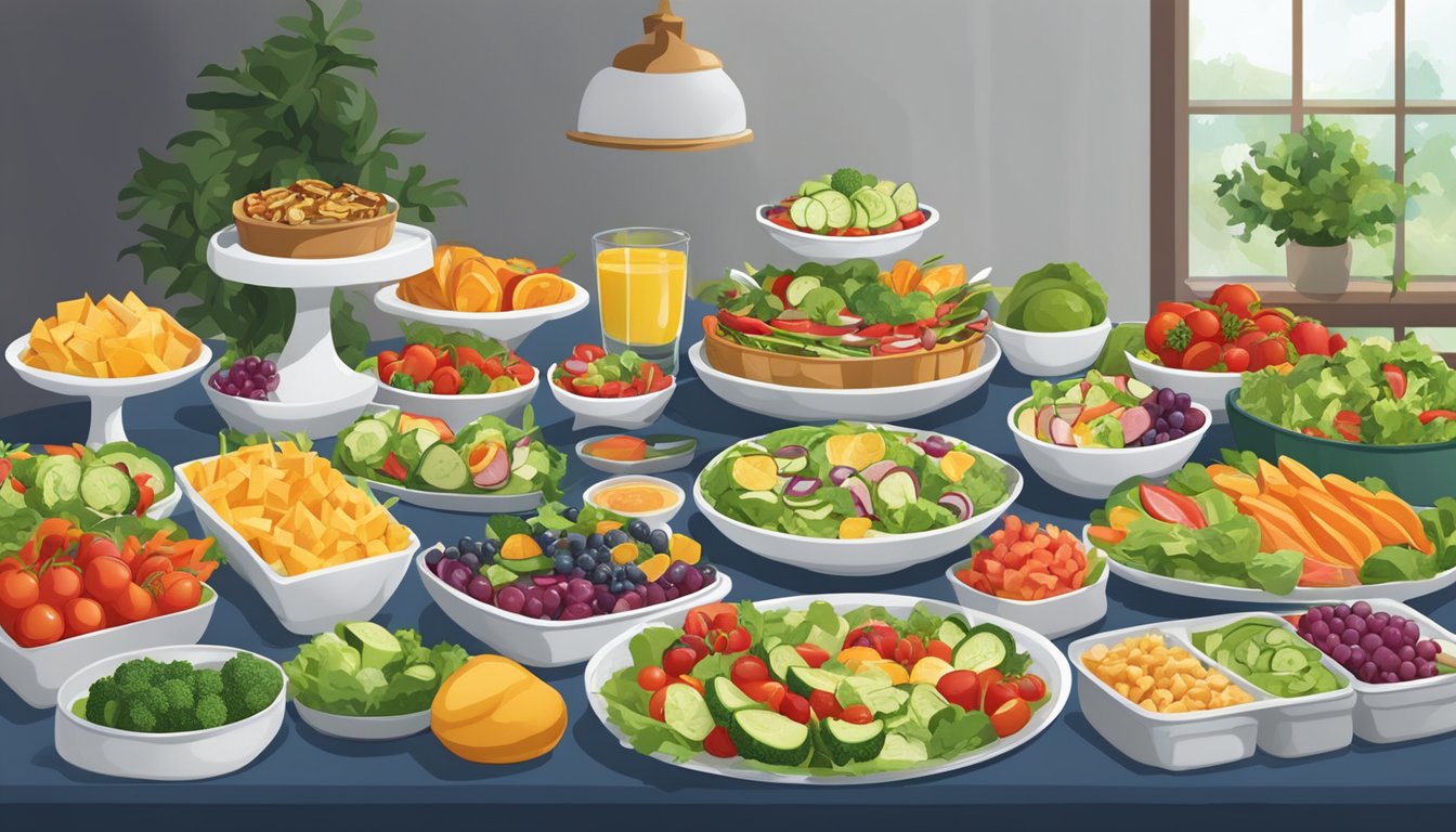 A festive table filled with colorful and appetizing meal prep dishes, including salads, grilled vegetables, and fruit platters, arranged in an inviting display for a graduation party