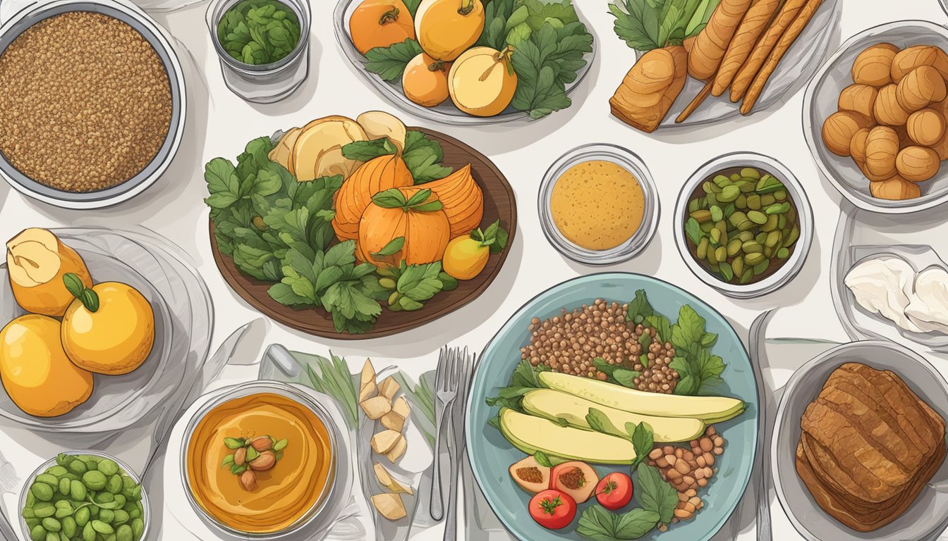 A festive table set with 10 diverse Rosh Hashanah meal prep dishes, including fruits, vegetables, grains, and proteins, arranged in an organized and appealing manner