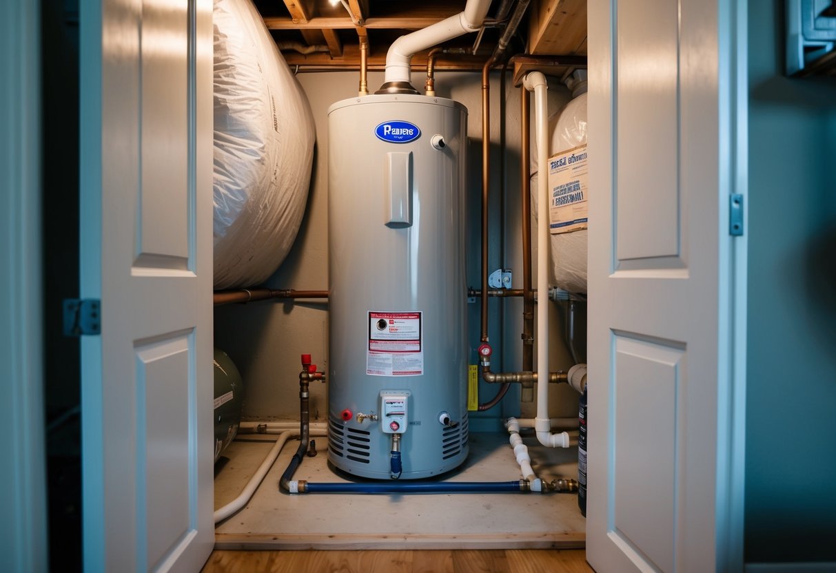 A cozy San Francisco home with a modern water heater installed in a utility closet, surrounded by pipes and insulation