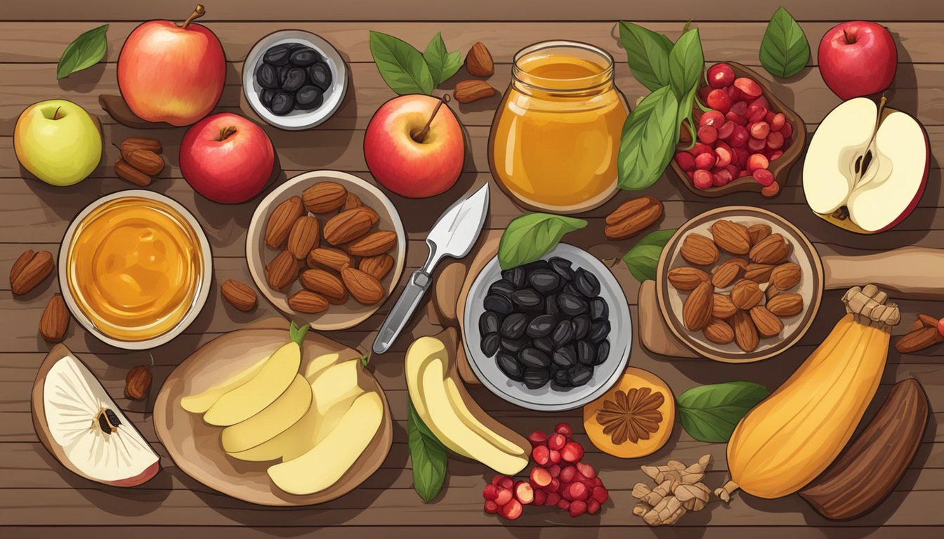 A table filled with a variety of seasonal ingredients such as apples, honey, pomegranates, and dates. Cutting boards and knives are ready for meal prep