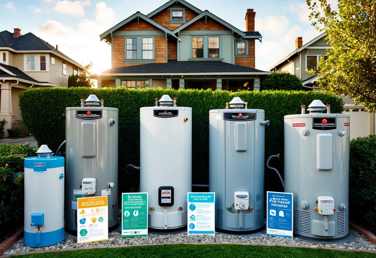 A San Francisco home with a variety of water heaters, surrounded by energy efficiency and environmental impact information