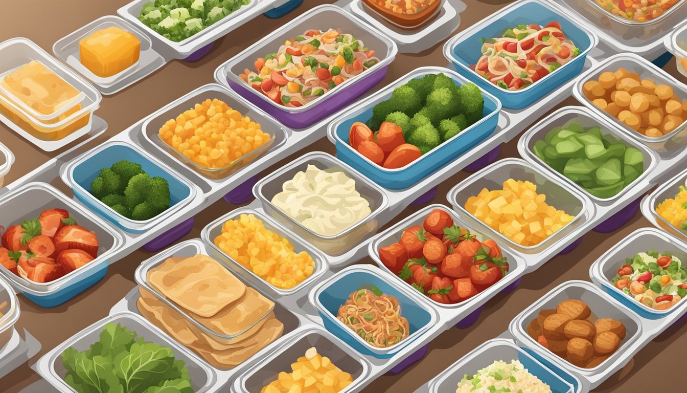 A table set with 10 colorful, organized meal prep containers, each filled with a variety of delicious foods, ready to be served at a graduation party