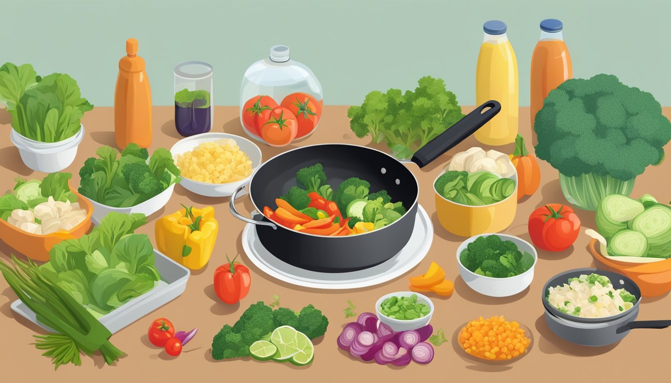 A colorful array of fresh garden vegetables being chopped and stir-fried in a sizzling pan, surrounded by eco-friendly meal prep containers