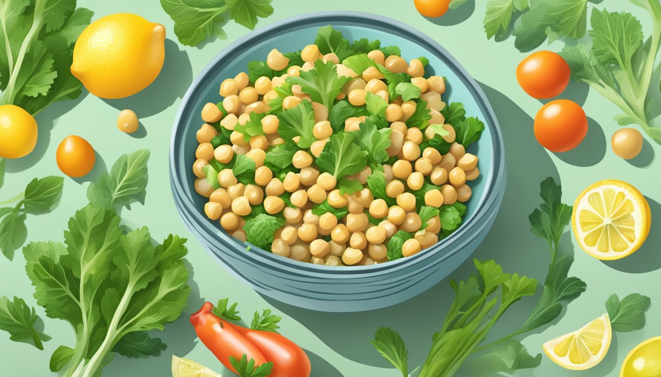 A vibrant bowl of chickpea salad surrounded by fresh ingredients and a lemon dressing, with earth day themed elements in the background