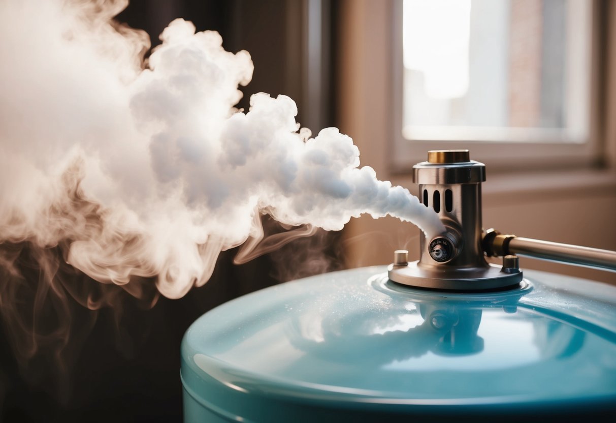 A water heater emitting steam and making loud, rumbling noises