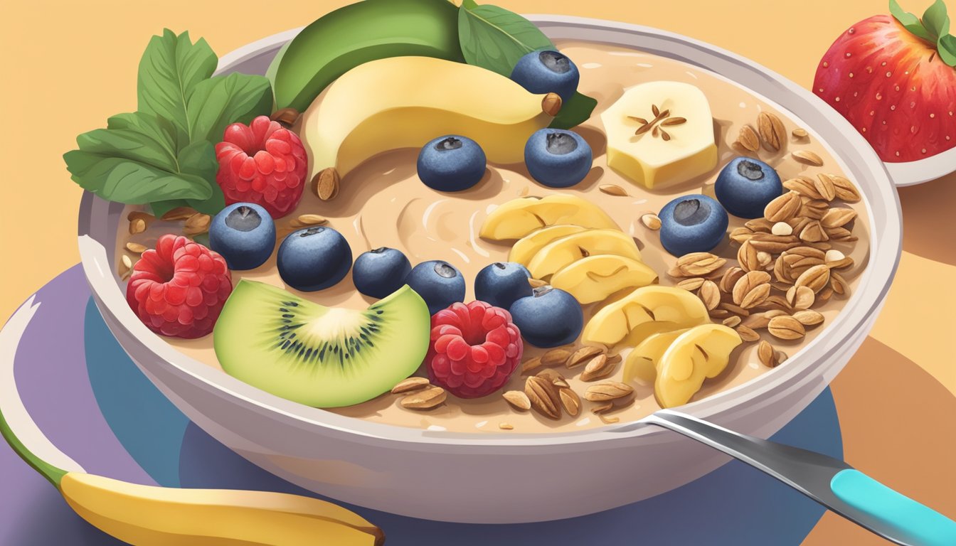 A vibrant smoothie bowl surrounded by ingredients like cashew butter, bananas, and granola, with a spoon placed next to it