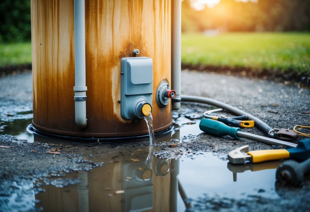 A rusty, leaking water heater surrounded by puddles and a collection of maintenance tools