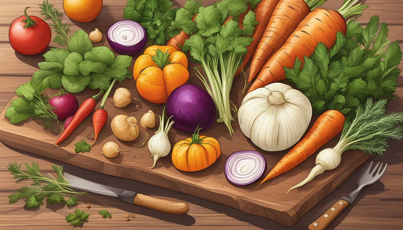 A colorful array of roasted root vegetables arranged on a wooden cutting board, surrounded by fresh herbs and spices