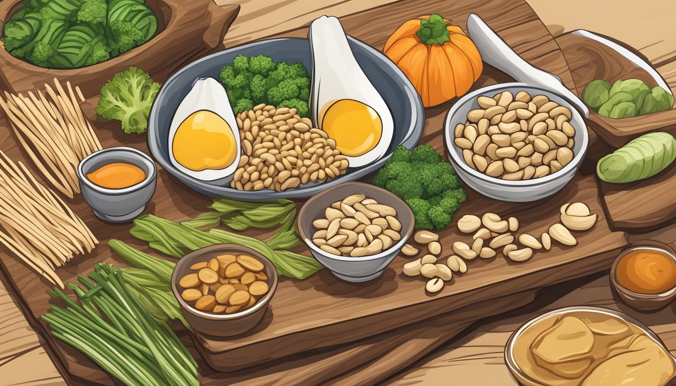 A colorful array of ingredients including soba noodles, peanuts, and fresh vegetables arranged on a wooden cutting board