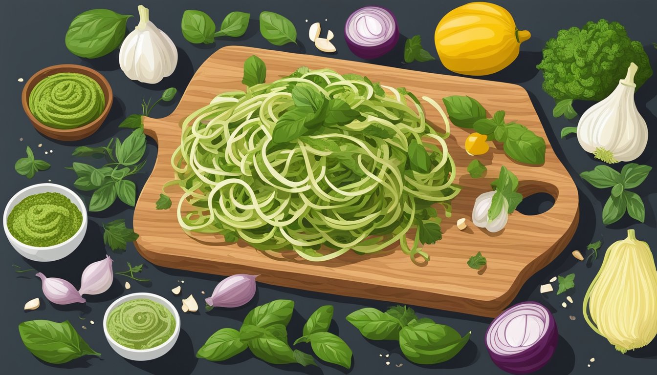 A colorful array of zucchini noodles and pesto arranged on a wooden cutting board, surrounded by fresh herbs and vegetables